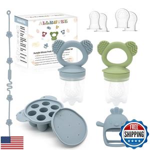 Allruyee Baby Fruit Feeder & Mini Freezer Tray Combo - Baby Teether, Breastmilk Popsicle Molds for Teething Relief, Fresh Food Feeder for Safe Infant Self-Feeding, Extra Food Pouches(Blue)