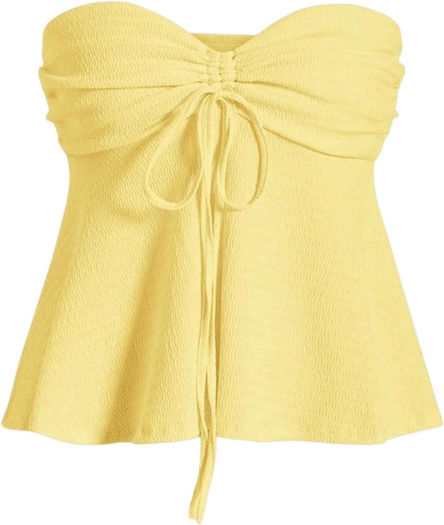 Milumia Women Tie Front Ruched Tube Top Strapless Flared Hem Peplum Bandeau Tops (X-Small, Yellow) Milumia Women Tie Front Ruched Tube Top Strapless Flared Hem Peplum Bandeau Tops (X-Small, Yellow)