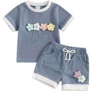 Afunbaby Toddler Baby Girl Clothes Waffle Knit Embroidered Short Sleeve Shirt Shorts Cute Boho Summer Outfit Clothing Set (Blue)