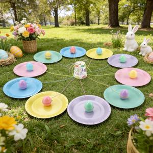 Easter Party Game Set, Includes 10 Plates 10 Easter Eggs 1 Paper Cups and 5 Rope for Family Adult Spring Party Office Games Easter Birthday Gathering Party Supplies