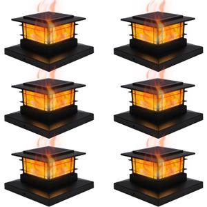 Dynaming 6 Pack Solar Post Cap Lights Outdoor with Flickering Flame Light, Fence Post Solar Lights Fit for 4x4 5x5 6x6 Vinyl/Wooden Posts, High Brightness SMD LED Lighting Decor for Garden Deck Patio (Black)