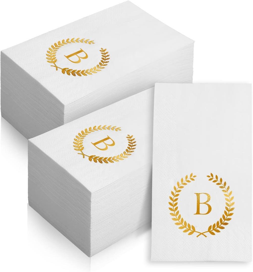 200 Pack Monogrammed Disposable Napkins Gold Foil Letter B Guest Napkins Initial Disposable Hand Paper Towels for Wedding Engagement Baby Shower Party Home Kitchen Bathroom Dinner Decorative Towels