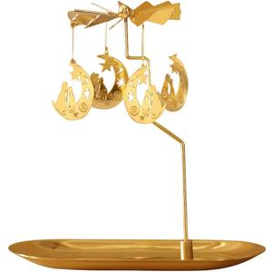 Creahaus Spinning Candle Holder with Tray, Glod Carousel Candle Spinner, Rotating Metal Tea Light Candle Holder for Table Centerpiece, Christmas, Valentine's Day, Party Decor, Gift (Gold Moon Cat)