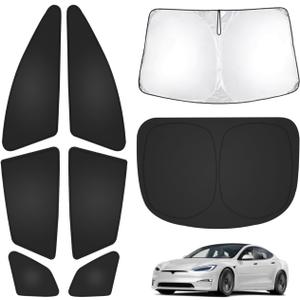 T TGBROS Windshield Sun Shade for Tesla Model S Plaid 2021-2025 2026 Car Window Shades Thicken UV Block and Blackout Privacy Foldable Sunshades 8PCS Accessories Keep Cool Sun Visor Covers