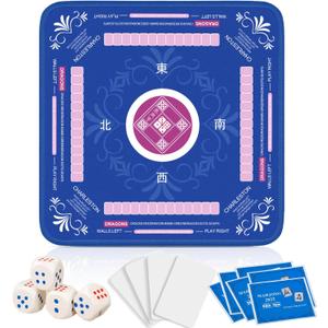 Mahjong Mat with Rules for Table with 6 Mahjong Playing Instructions,4 Mahjong Tile Mixer & 4 Dice,Non-Slip and Silent Travel Mahjong Set for Mahjong/Poker/Board Games/Card Games/Dominoes