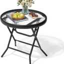 Foldable Side Table with Tempered Glass Top 18" Outdoor Folding Side Tables Small Glass Patio Table for Porch Yard Balcony Deck Lawn Dining Garden (Black)