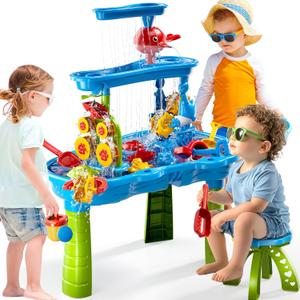 3-Tier Kids Water Table for Toddlers Kids Ages 3-5 4-8, Summer Outdoor Water Table Beach Kids Toys, Toddler Sensory Activity Sand Box Play Set with Rain Showers Splash Pond for Boys Girls