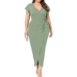 2025 Womens Deep Cross V Neck Ruffle Sleeve Tulip Hem Plus Size Work Cocktail Party Elegant Ruched Long Wrap Dress
 Size M