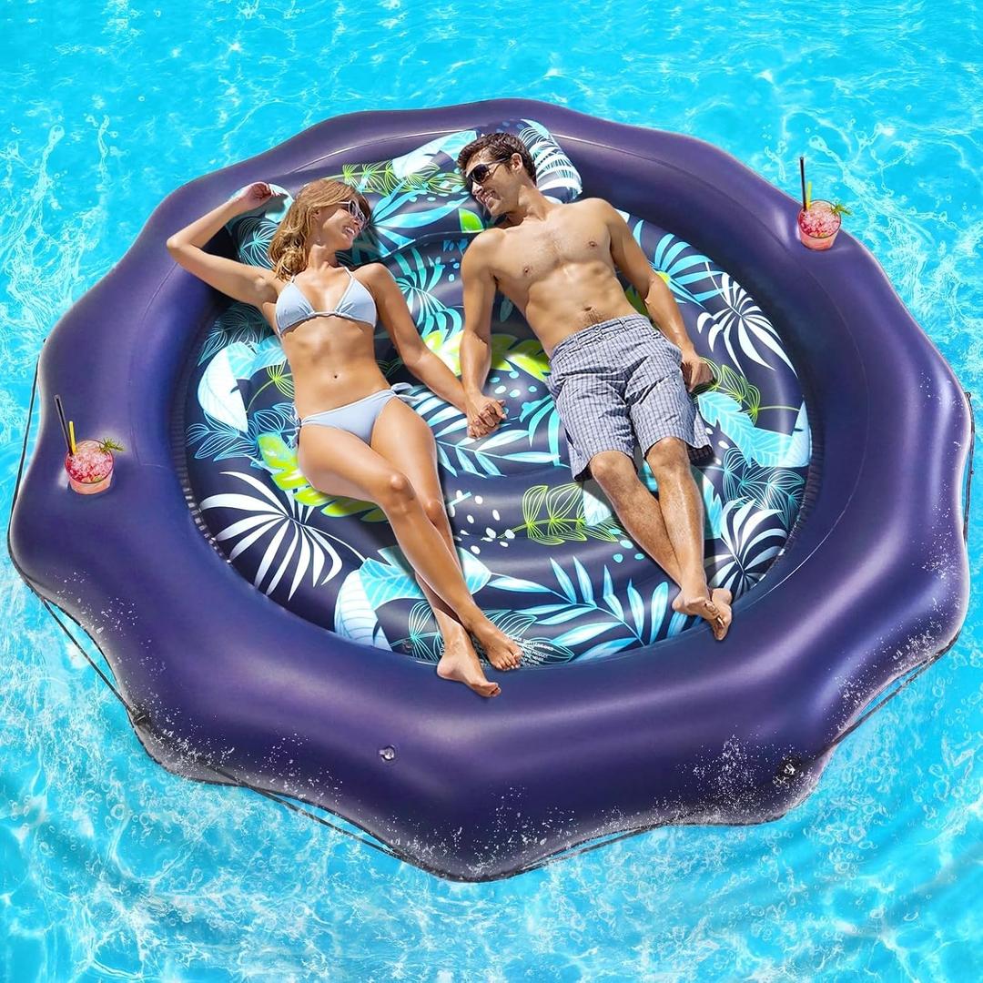Tanning Pool Lounger Float, Extra Large Inflatable Pool Floats Adult Heavy Duty with Pillow & Cup Holders, Round Water Pool Raft Floaties Bed for Backyard Lake River Beach Outdoor