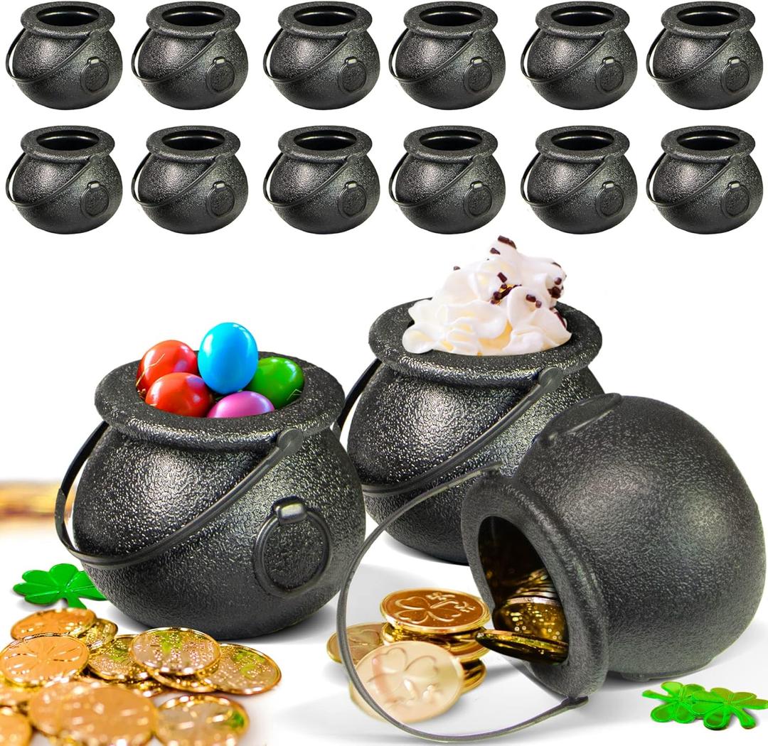 Novelty Place 12 Pcs Spooky Halloween Candy Cauldrons - Mini Black Cauldron Small Bucket for St. Patricks Day Pot of Gold, Trick or Treat, Halloween Decoration and Kid Birthday Party Favors