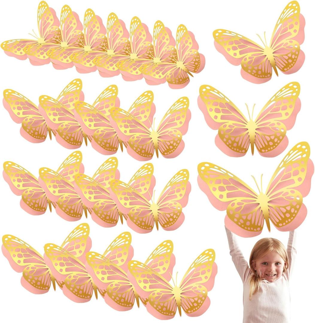 Geosar 20 Pcs 3D Large Butterfly Party Decoration 2 Layer Giant Paper Butterfly Stickers for Birthday Baby Shower Nursery Wall Decor (Gold,Pink)