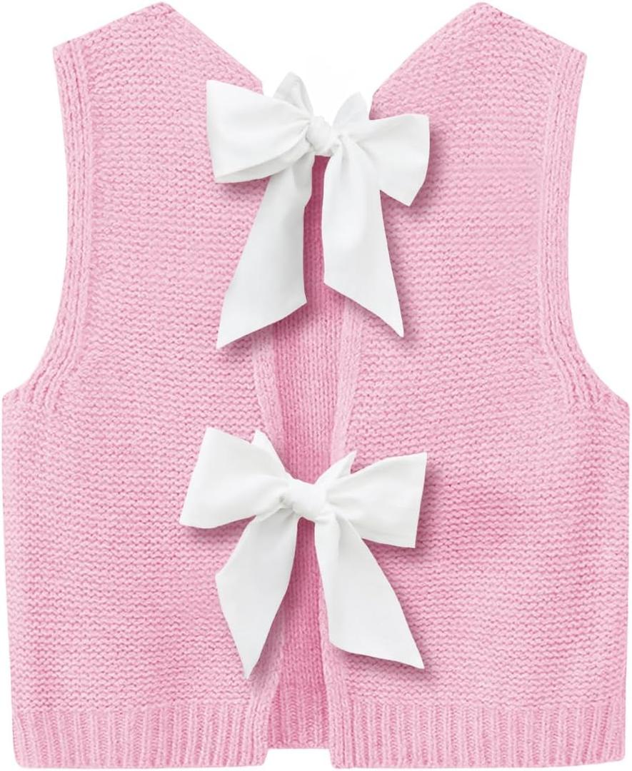 Imily Bela Womens Sweater Vest Top Summer Bow Tie Back Sleeveless Casual Knit Crop Tank Tops L