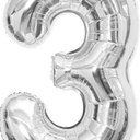 3 Balloon, Number 3 Balloon, 3 Balloon Number 40 Inch, Silver Large Giant Foil Number Balloons for Birthday Party Graduation Wedding Anniversary Bachelorette Decorationss Supplies (Silver)