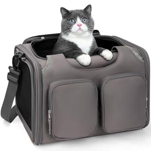 Dog, Cat Carrier for Pets Up to 15 Lbs, Airline Approved Collapsible Soft-Sided Pet Travel Bag with Locking Zippers, Breathable Mesh and 4 Large Pockets, Removable Fleece Pad (Grey)
