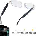 AI Translation Glasses, Bluetooth Eyeglasses with Real-Time Translator for 164 Languages, Photochromic Spring Hinge Bluetooth Glasses with Speakers, Rimless Smart Glasses for Travel/Work/Study (Gold)