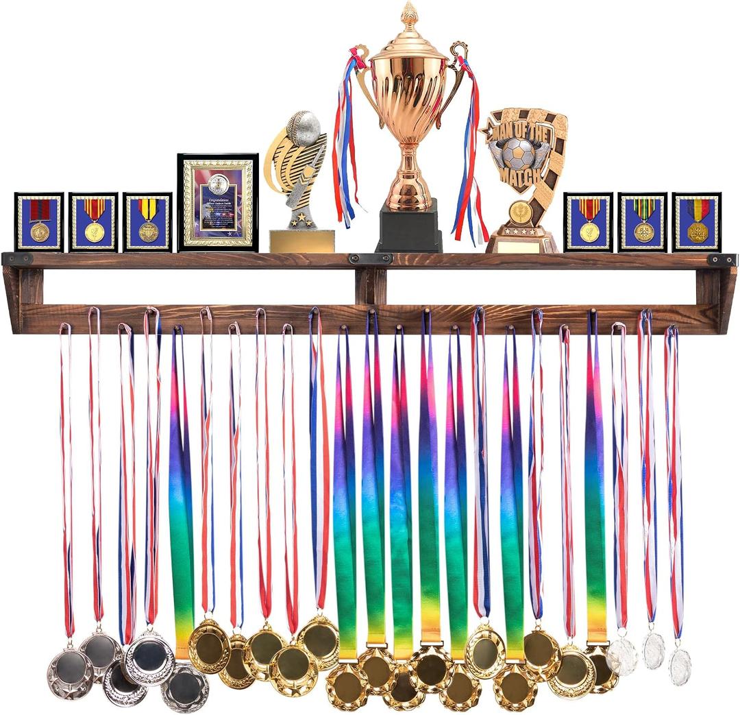 LAVIEVERT Gymnastic Medal Hanger with Storage Shelf, Wooden Wall-Mounted Trophy Shelf, Race Medal Display Rack Holder with 23 Hanging Bars