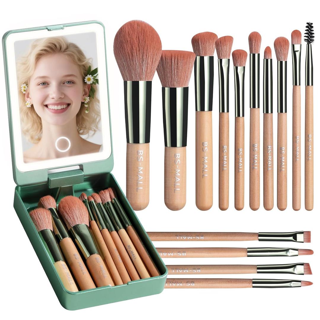 BS-MALL Travel Makeup Brush Set  14 Pcs Foundation Powder Concealers Eye Shadows with LED Light Mirror, Green