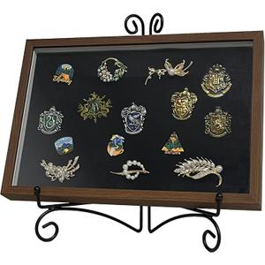 Shadow Box Pin Display Case with Tabletop Display Stand for Medal & Jewelry Pin Collection, Wall Mounted or Desktop Display Box with Sliding Acrylic Door, 12.6 x 8.7 x 1.26 inches, Brown Wood Frame