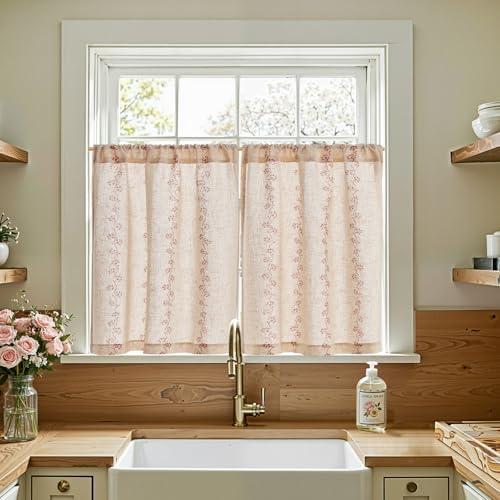 jinchan Katy Linen Floral Kitchen Curtains 30 Inches Length Stripe Cafe Curtains Farmhouse Cottagecore Tier Small Window Drapes for Living Room Light Filtering Rod Pocket 2 Panels Terracotta on Linen