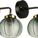 Bathroom Light Fixtures Over Mirror Gold Black Bathroom Vanity Lights,Mid Century Art Deco Wall Lamp with Green Ribbed Glass Shade Vintage Modern Sconce for Bedroom Hallway 2-Pack