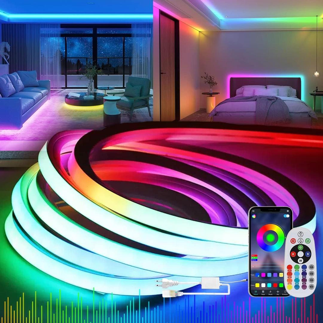 KSIBNW 32.8ft/10m Led Neon Rope Lights RGB Dimmbar with App Remote Control,Waterproof IP 65,Music Sync,Multicolor AC 110-120V Flexible LED Neon Strip Light for Home/Garden/Building Decoration