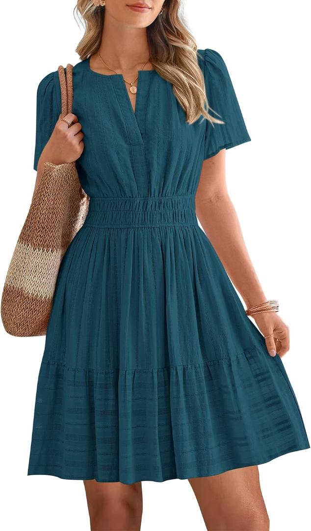 BTFBM Womens Spring 2026 Casual Mini Dresses Lightweight Short Sleeve V Neck Elastic Waist Cute Boho Beach Dress Pockets (XX-Large, Lake Blue)