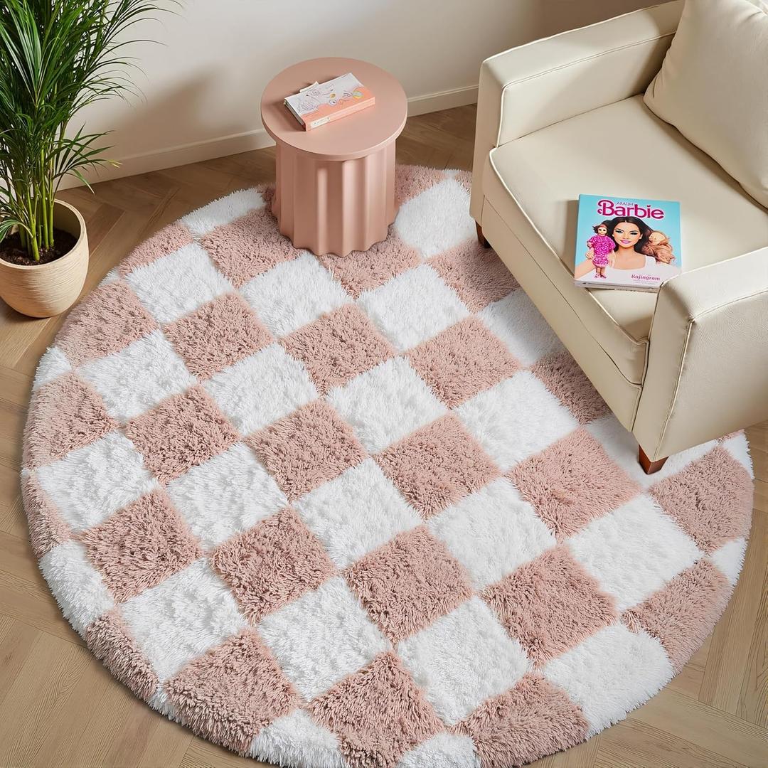 47*47 Round Rug for Playroom, Pink and White Modern Shag Rugs Super Soft Washable Fluffy Carpet Indoor Office Fuzzy for Bedroom Living Romm Home Dorm Aesthetic Decor
