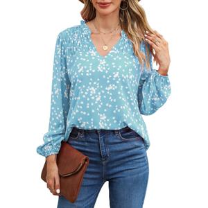 BLENCOT Boho Floral Print Chiffon Blouses for Women Smocked V Neck Long Sleeve Loose Tops Shirts Light Blue XL (Blue, XL)