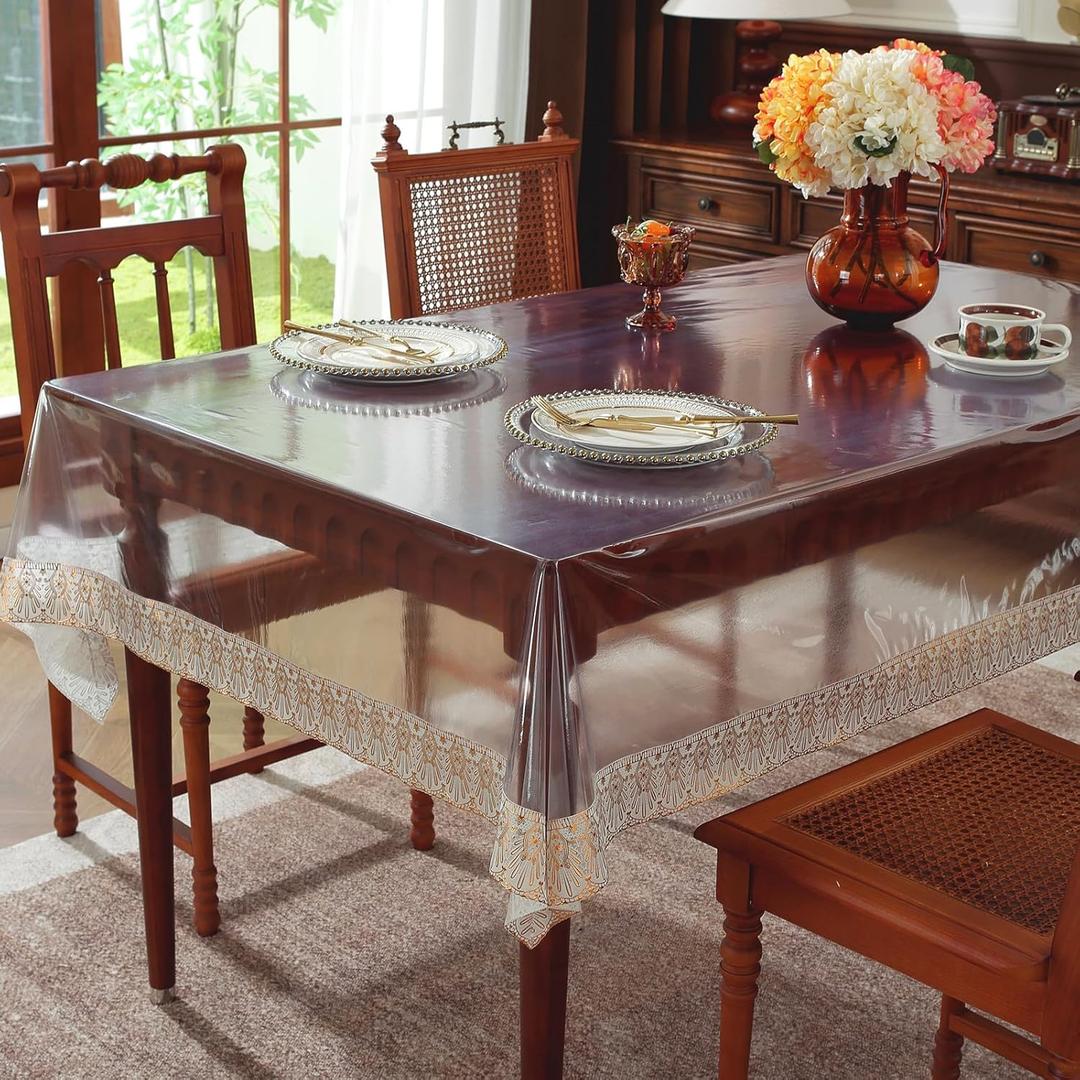 Clear Vinyl Tablecloth Protector, Lace Tablecloths Rectangular with Waterproof and Oil-Proof Design, Wipeable Table Cloth for Indoor/Outdoor Use. (Gold Lace Trim, 60 x 102 in)