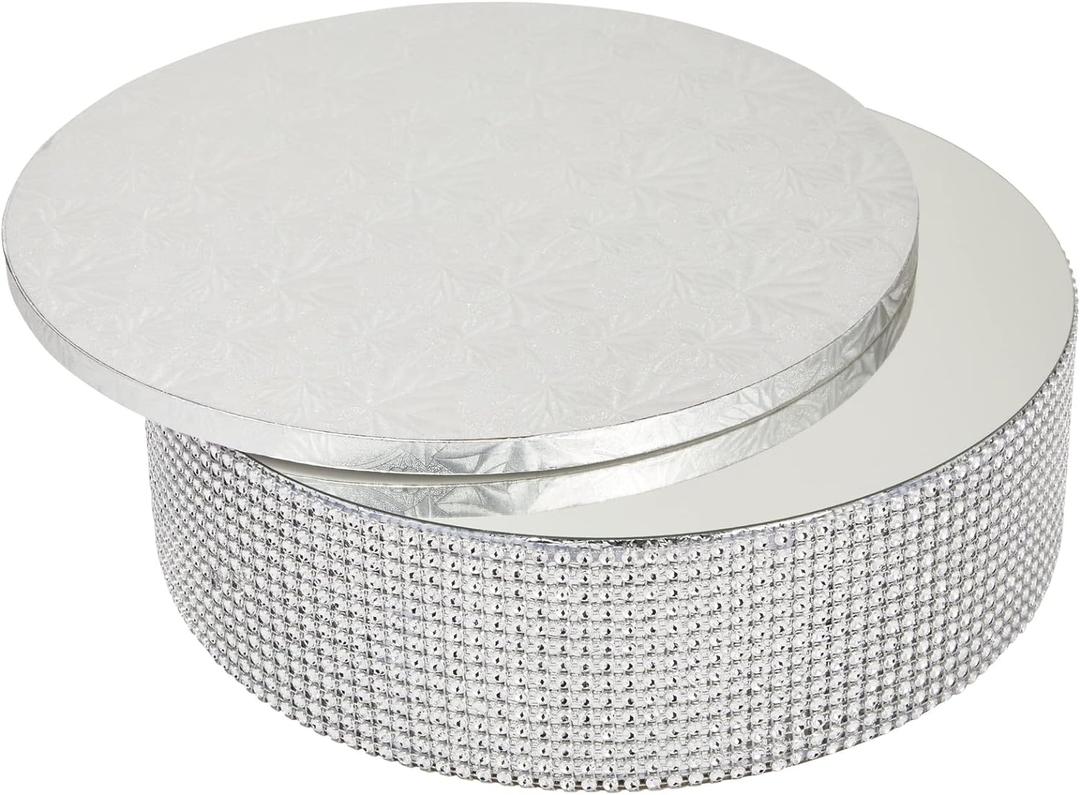 Sparkle and Bash Cake Stand Set with 12-Inch Cake Drum - 2-Piece, 12-Inch Round, Silver Foil & Rhinestone Embellished - Wedding Dessert Centerpiece - Bling Round Display