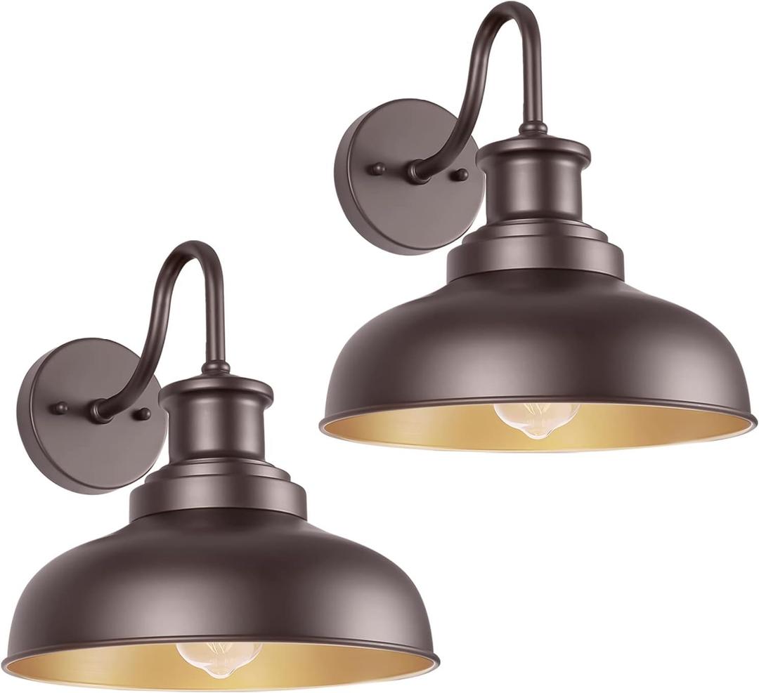 Outdoor Gooseneck Barn Lights Outdoor Wall Sconces Farmhouse Exterior Wall Mount Light Vintage Wall Lighting Fixture Industrial Bronze Lantern for Porch Entryway Garage Patio, 2 Pack (02RZ007-2 PACK(Not Dusk to Dawn), Orb+Gold)
