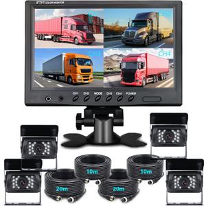 Hodozzy 9 Inch Backup Camera Monitor System with Quad Split Screen, 4 Channel Input, Waterproof Rear View Camera with 18 IR Night Vision, Easy Installation for Truck RV Trailer Vans