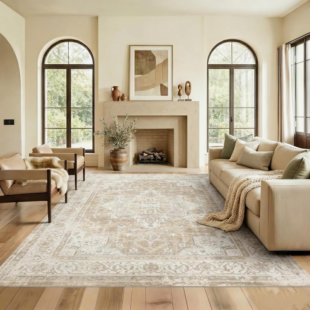 9x12 Area Rug for Living Room-Vintage Farmhouse Boho Floral Neutral Washable Stain Resistant Indoor Carpet for Bedroom Office and Home Decor(Beige&Brown)