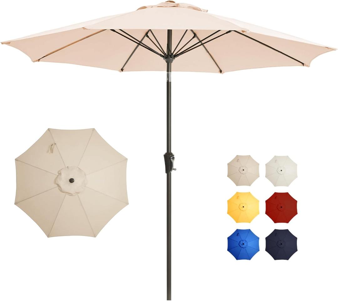 9FT Large Outdoor Patio Umbrella Pool Market Umbrella-UV Resistant, Easy Push Button Tilt and Crank, 8 Sturdy Ribs Heavy-Duty Table Umbrella for Deck, Backyard,Garden (Beige)