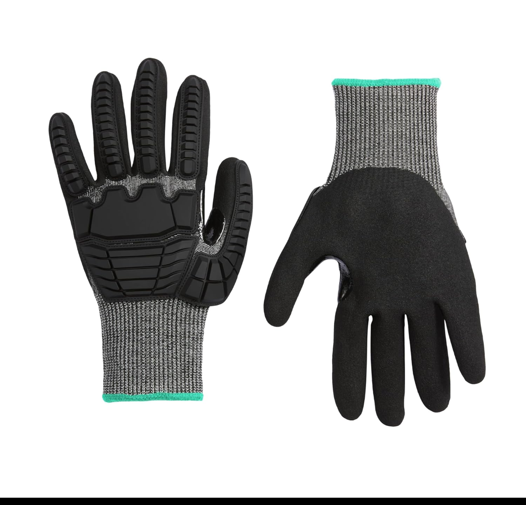 Amazon Basics 10 Pairs Impact Protection Gloves with Touch Screen Friendly 15G Sandy Nitrile Palm, Black, Size Large