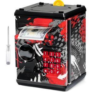 ATM Piggy Bank for Boys Girls, Vcertcpl Mini ATM Coin Bank Money Saving Box with Password, Kids Safe Money Jar for Adults with Auto Grab Bill Slot, Great Gift Toy Bank for Kids (Large, Black)