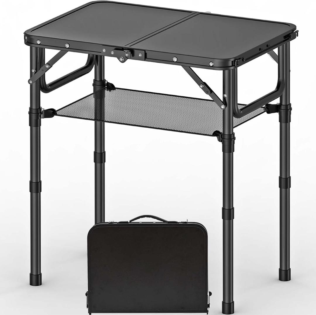 Folding Picnic Table with Storage Net, Matte Black Aluminum Folding Table 23.6" x 15.8", Adjustable Height Max 27.5", Lightweight Portable for Camping Travel Grill Indoor