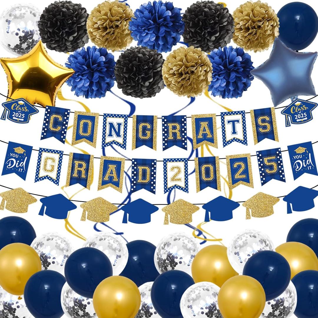 Blue Gold Graduation Decorations 2025 - Congrats Grad Banners, Paper Pompoms, Star Foil Balloons and Hanging Swirls for 2025 Graduation Party Decoration Supplies