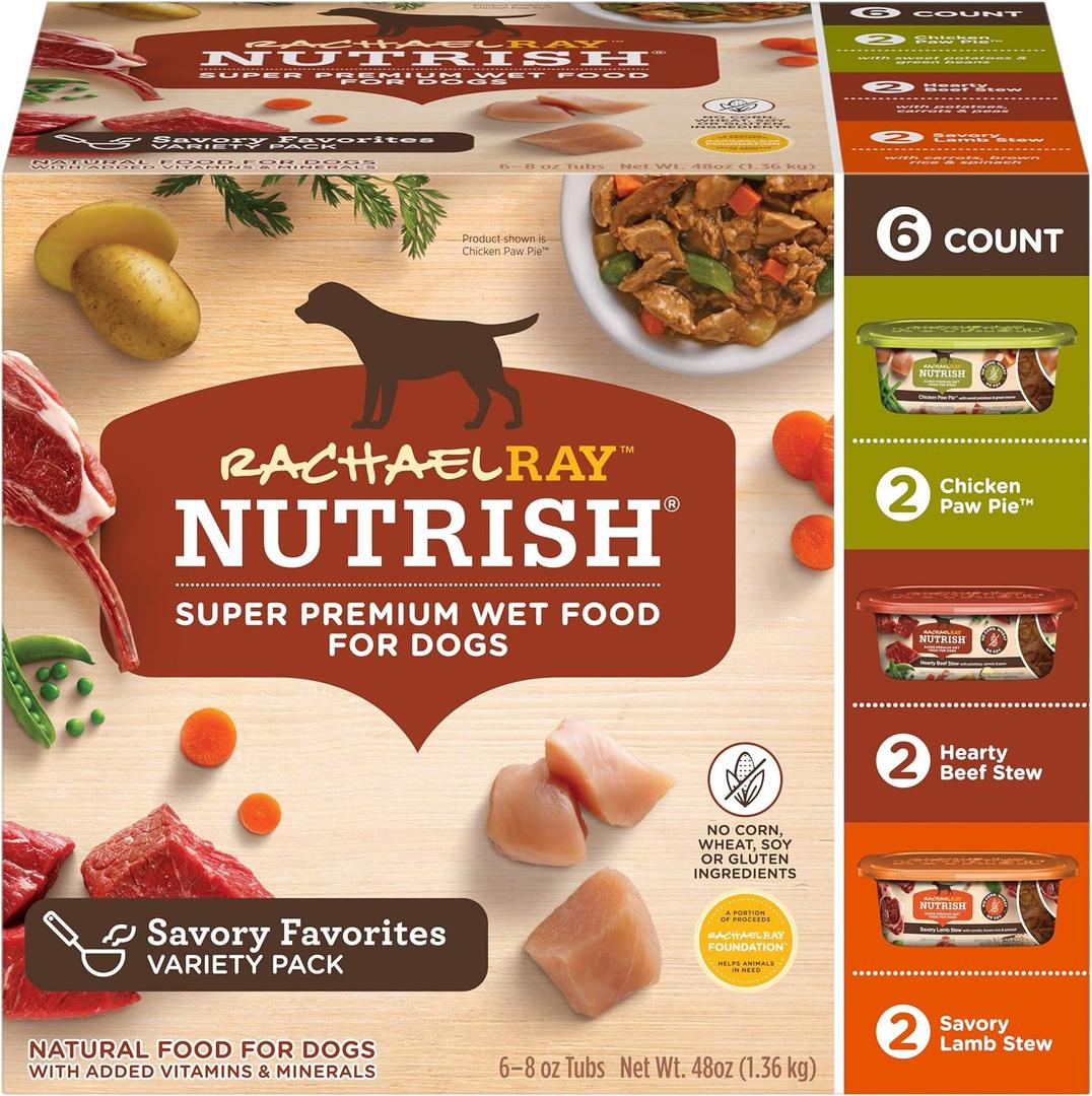 Nutrish Rachael Ray Premium Natural Wet Dog Food, Savory Favorites Variety Pack, 8 Ounce Tub (Pack of 6) (EXP 09/19/26)
