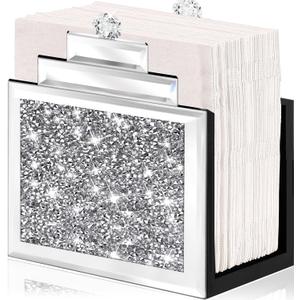 Wocred Mirror Napkin Holder,Crystal Crushed Diamond Vertical Holder,Cute Tissue Holder Holds Napkins Upright for BathroomDining TableKitchen Table.(6.8X5.9X3)