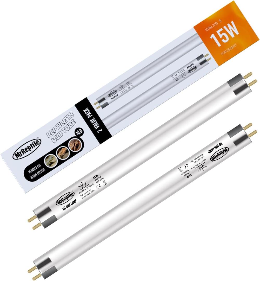 MRREPTILE T8 UVB Light Bulb, 2-Pack 15W Desert 10.0 UVB Lamp for Desert Reptiles, Bearded Dragon UVB Light Bar, L=18'', for Use with T8 Strip Light Fixture