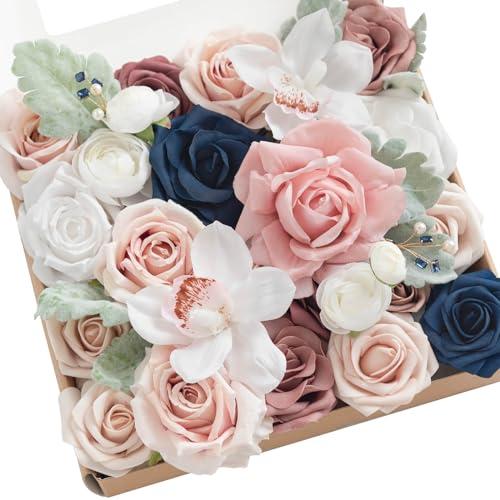 Ling's moment Fake Flowers Box, Faux Artificial Greenery Stems Foam Roses Silk Orchid Ranunculus Fabic Flower for Centerpieces Bouquet Wedding Vase Decorations, Dusty Rose & Navy, Grand Combo