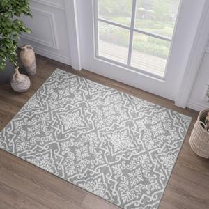 jinchan Boho Runner Rug 2x5 Moroccan Washable Rug Hallway Indoor Floor Accent Carpet Floral Tile Print Mat Soft Thin Runner Non Slip Carpet for Kitchen Bedroom Bathroom Laundry Room Decor Grey