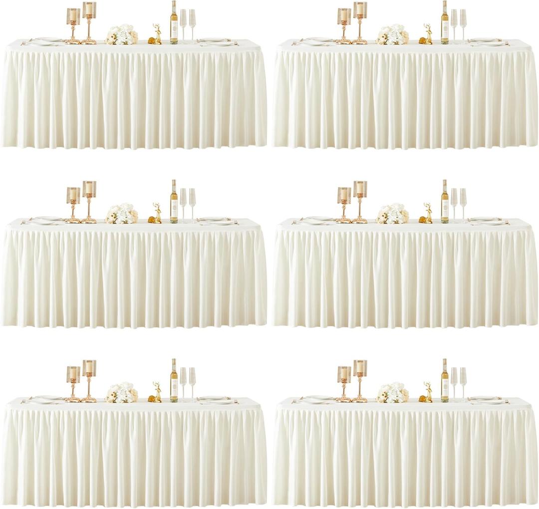 6 Packs Ivory Polyester Tablecloths Rectangle Tables 8ft, Stretch Fitted Table Covers for 8 Foot Tables Wrinkle Free Rectangle Table Cloth with Skirt for Birthday Party Events Banquet Baby Shower