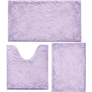 Bathroom Rugs Sets 3 Piece Non Slip,Bath Rugs with PVC Backing Bath Carpet,Bathroom Rug Washable,Absorbent,Plush Carpet Mats,Bath Mats for Bedroom, Kitchen,Tub,Home Decor (Lavender) (16x24"+20x20"U shape+20x32")
