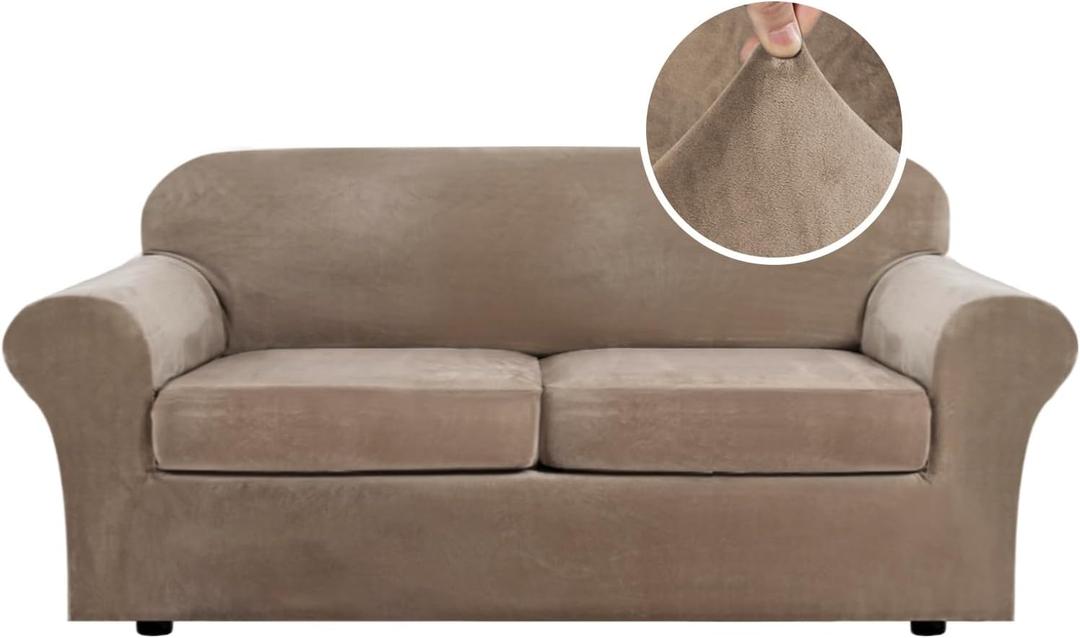 H.VERSAILTEX Real Velvet Plush 3 Piece Stretch Sofa Covers Couch Covers for 2 Cushion Couch Sofa Slipcovers Width Up to 90 Inch Feature Thick Soft Stay in Place (Large Sofa, Camel)