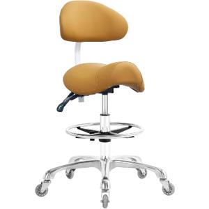 Saddle Stool Chair with Back Support Footrest, Heavy-Duty(350LBS), Hydraulic Rolling Swivel Adjustable Stool Chair for Salon Spa Beauty Massage Dental Clinic Home Office Use(Camel)