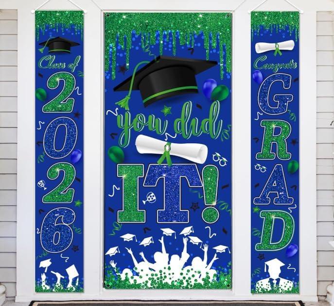 Blue and Green Graduation Decorations Class of 2026 Congrats Grad Banner and You Did It Door Cover for High School College Grad Party Supplies