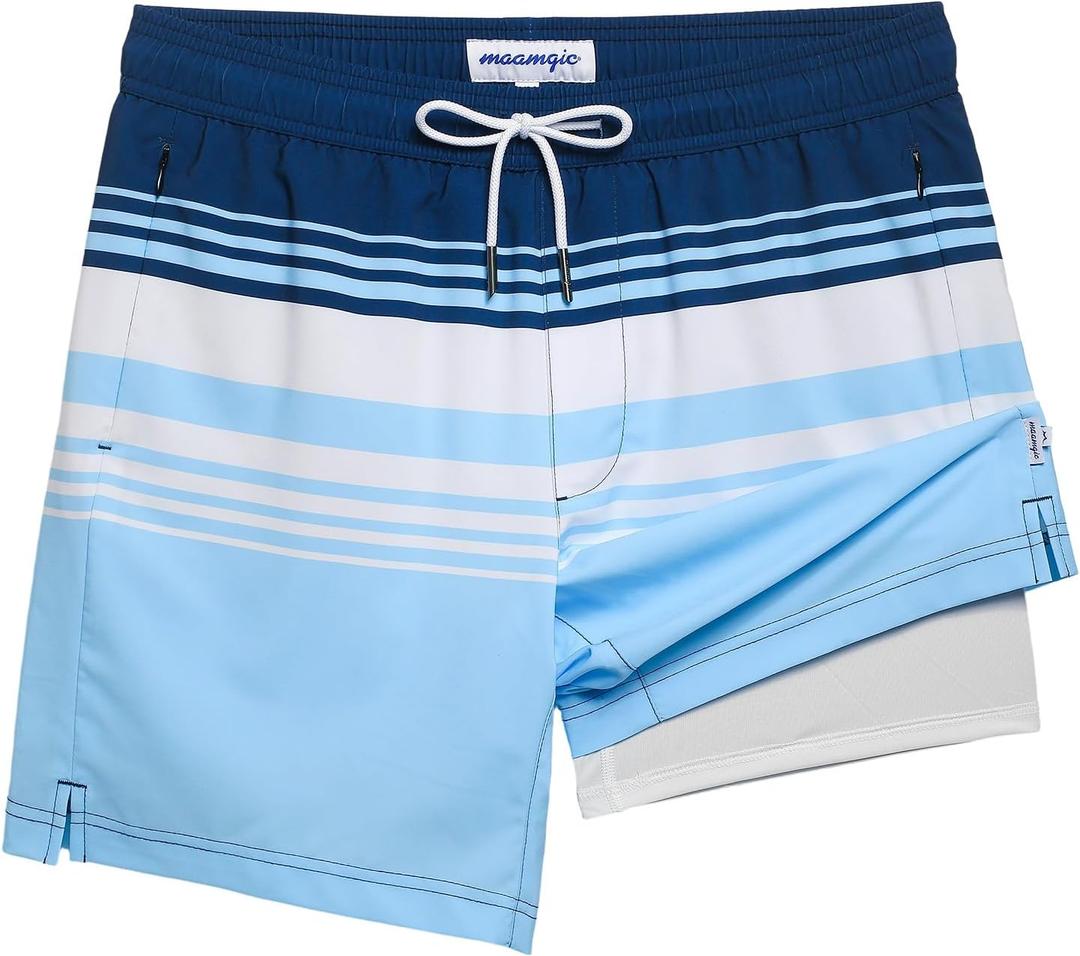 maamgic 2 in 1 Mens Swim Trunks 7 Inch Swim Shorts Swim Suits Board Shorts (X-Large, Blue-white Horizontal Stripe)