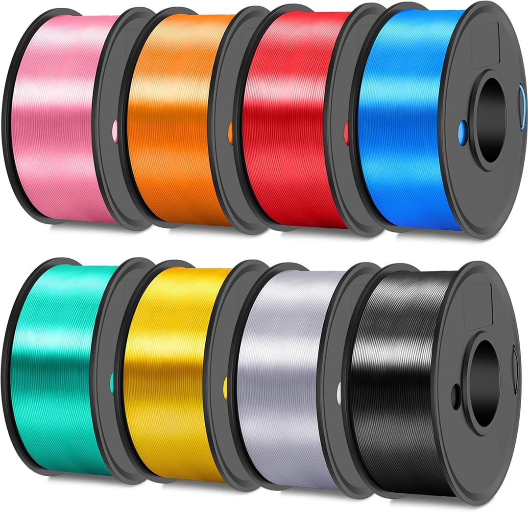 JAYO Silk PLA Filament Bundle 1.75mm, Silk 3D Printer Filament Bundle Multicolor, Individually Vacuum Packed, 8 Pack, Shiny Silk 2KG in Total, Light Gold+Silver+Black+Blue+Red+Green+Orange+Pink (0.25*8kg Silk Pla Lg+sv+bk+bl+rd+gn+or+pk)